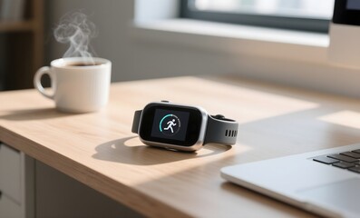 Morning Wellness Routine: Fitness Tracker with Step Counter Display on Wooden Desk with Coffee and Laptop