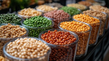 Colorful variety of dried legumes and pulses in transparent containers for culinary uses