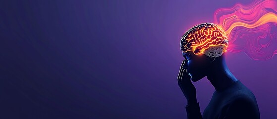Silhouette of a person with a glowing brain and bright swirls on a purple backdrop