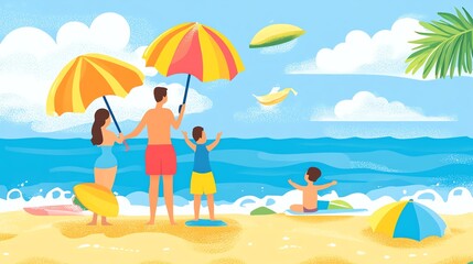 A smiling family?mother, father, and two children?happily engages in various outdoor activities, including playing with a frisbee and relaxing on a grassy lawn.