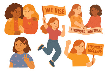 Bright and positive illustrations of girls showing support, unity, and action. Ideal for activism designs, posters, educational projects, and female empowerment themes.