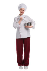 Happy confectioner in uniform holding whisk and cooking pot on white background