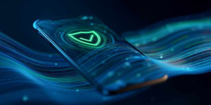 Smartphone screen displays glowing green security shield icon, set against abstract blue wavy lines, symbolizing digital protection and data security