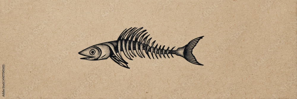Poster hand-drawn fish bone logo on textured background showcasing open right design