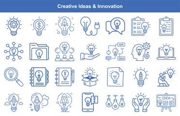Lightbulb Idea Icons Innovation, Creative Thinking, Startup Rocket, Brainstorming, and Problem Solving Concepts