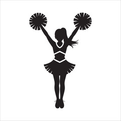 Cheerleader silhouette with pom poms in cheering pose isolated on white background.