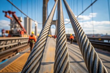 Close-up view of construction cables on a bridge with workers in the background.
