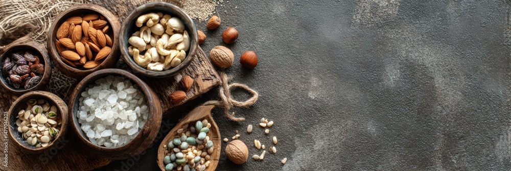 Aufkleber Enjoying an Array of Nuts and Seeds on a Clean Wooden Table With a Bright Margin in a Cozy Indoor Setting