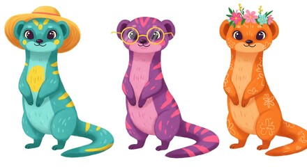 Naklejka premium Adorable Meerkat Trio Cartoon Illustration Summer Fashion