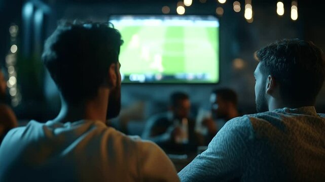 Group of friends seated in a cozy sports bar, all eyes on the football match on the television, sharing moments of tension and joy as their team plays