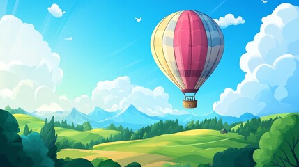 Obraz premium A vibrant hot air balloon, rendered in a vector illustration, gracefully ascends against a bright, open sky.
