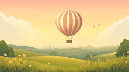 Obraz premium A vibrant hot air balloon, rendered in a vector illustration, gracefully ascends above a tranquil, open landscape.