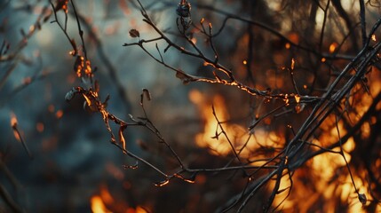 A close-up of fire burning through dry twigs and underbrush in a forest fire