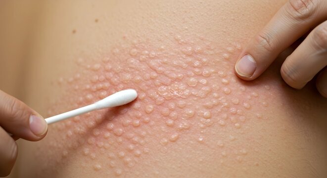 Shingles rash on a woman back, with redness, blisters, and irritated skin clearly visible.