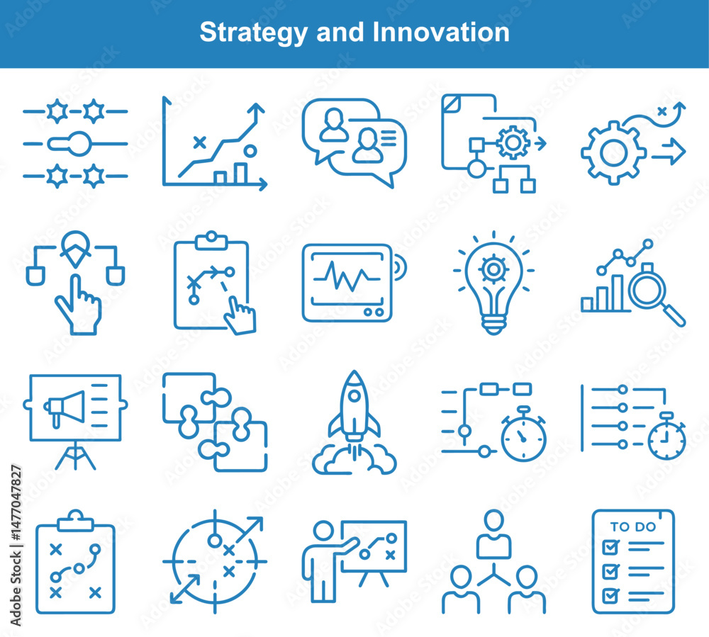 Poster line icons set representing strategy, innovation, management and business development concepts for w