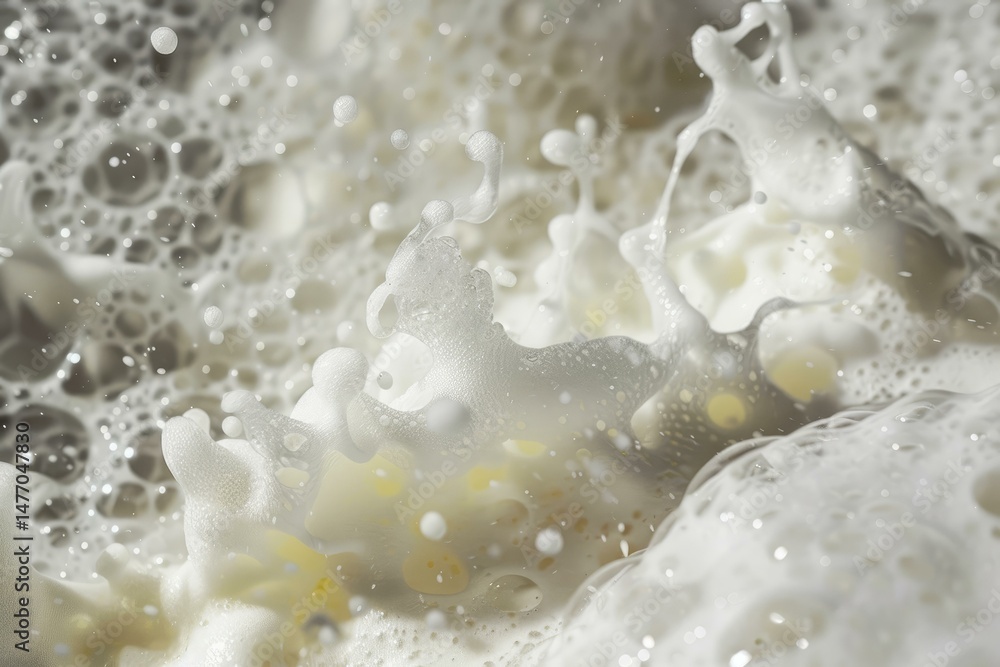 Poster milk is splashing and creating bubbles and foam