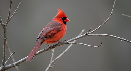 Bright red cardinal perched on a branch, set against a soft, blurred outdoor background.