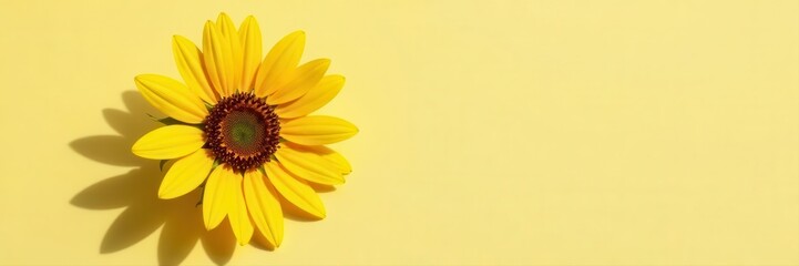 Naklejka premium Aerial perspective, single sunflower with defined shadow; vivid yellow petals , vibrant, petals