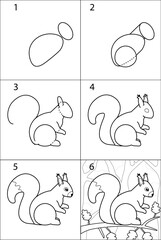 Step-by-step instructions for a child on how to draw a squirrel. Vector picture with cartoon character, tutorial for beginners, drawing stages, line art.

