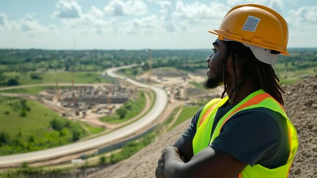 Construction worker with a confident smile, crossing arms on the site of an ongoing infrastructure project, wearing a safety helmet, high-visibility vest, and looking out over the