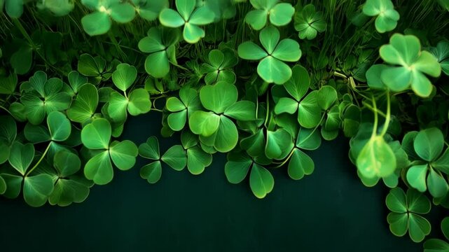 Four-leaf clovers border lush dark green background, symbolizing good luck and St. Patrick's Day, for festive design projects.