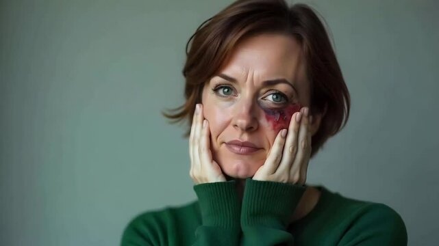 Domestic violence, a white woman with a black eye and bruising around her mouth looking sad