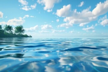 Crystal clear water gently ripples under a bright blue sky, reflecting the fluffy white clouds and a distant, tranquil island