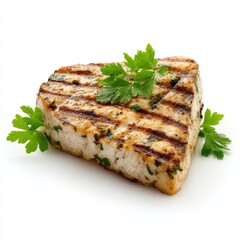 Delicious Grilled Fish Steak Garnished with Fresh Parsley Herbs on White Background A Perfect Grilled Seafood Dish
