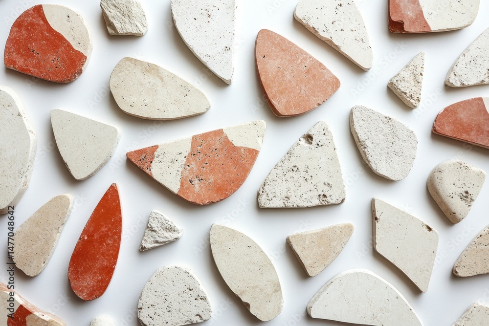 Aufkleber overhead flat lay of travertine stone samples in geometric shapes on white background, showing textu