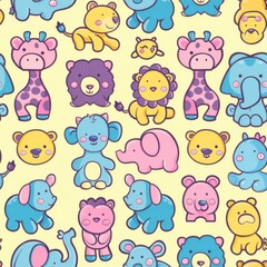 Obraz premium seamless pattern of cartoon African animals, including lion, giraffe, elephant, zebra, and hippo, pastel color palette