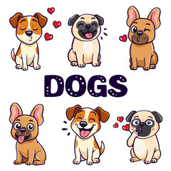 set dogs jack russell terrier, pug, french bulldog. collection of cartoon dog stickers on isolated white background with different emotions