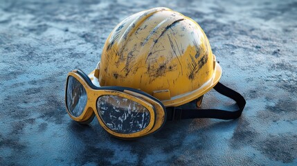 A well-worn yellow construction helmet placed beside a pair of safety goggles on a concrete surface, highly detailed scratches and