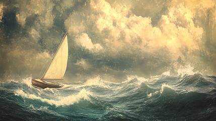 A weathered sailboat battles a tumultuous, dark-grey sea beneath a bruised, swirling sky in this vintage-style illustration.