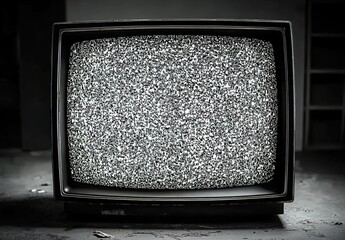 Vintage black-and-white television showing static on dark background.