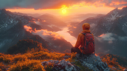 Fototapeta premium A Breathtaking Scene of a Hiker Enjoying Sunrise JPG by jenerative A.I.