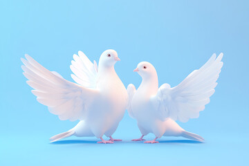 Obraz premium Two elegant white pigeons with outstretched wings on a soft blue background, symbolizing peace
