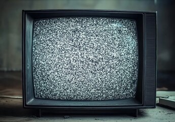Vintage black-and-white television showing static on dark background.