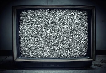 Vintage black-and-white television showing static on dark background.