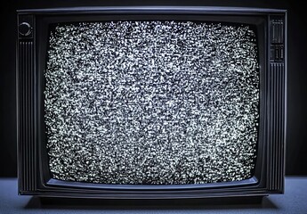 Vintage black-and-white television showing static on dark background.