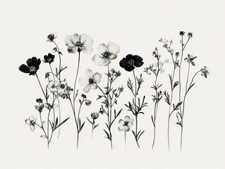 Delicate floral arrangement in black and white pencil sketch style on white background; botanical illustration of wildflowers
