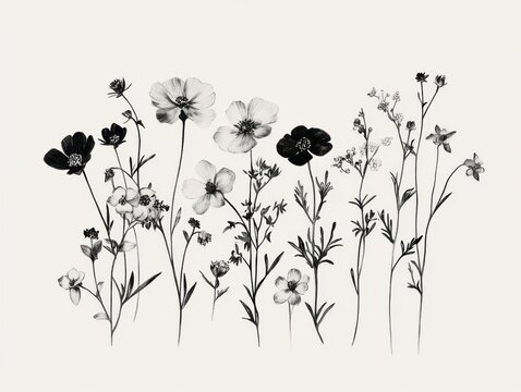 Delicate floral arrangement in black and white pencil sketch style on white background; botanical illustration of wildflowers