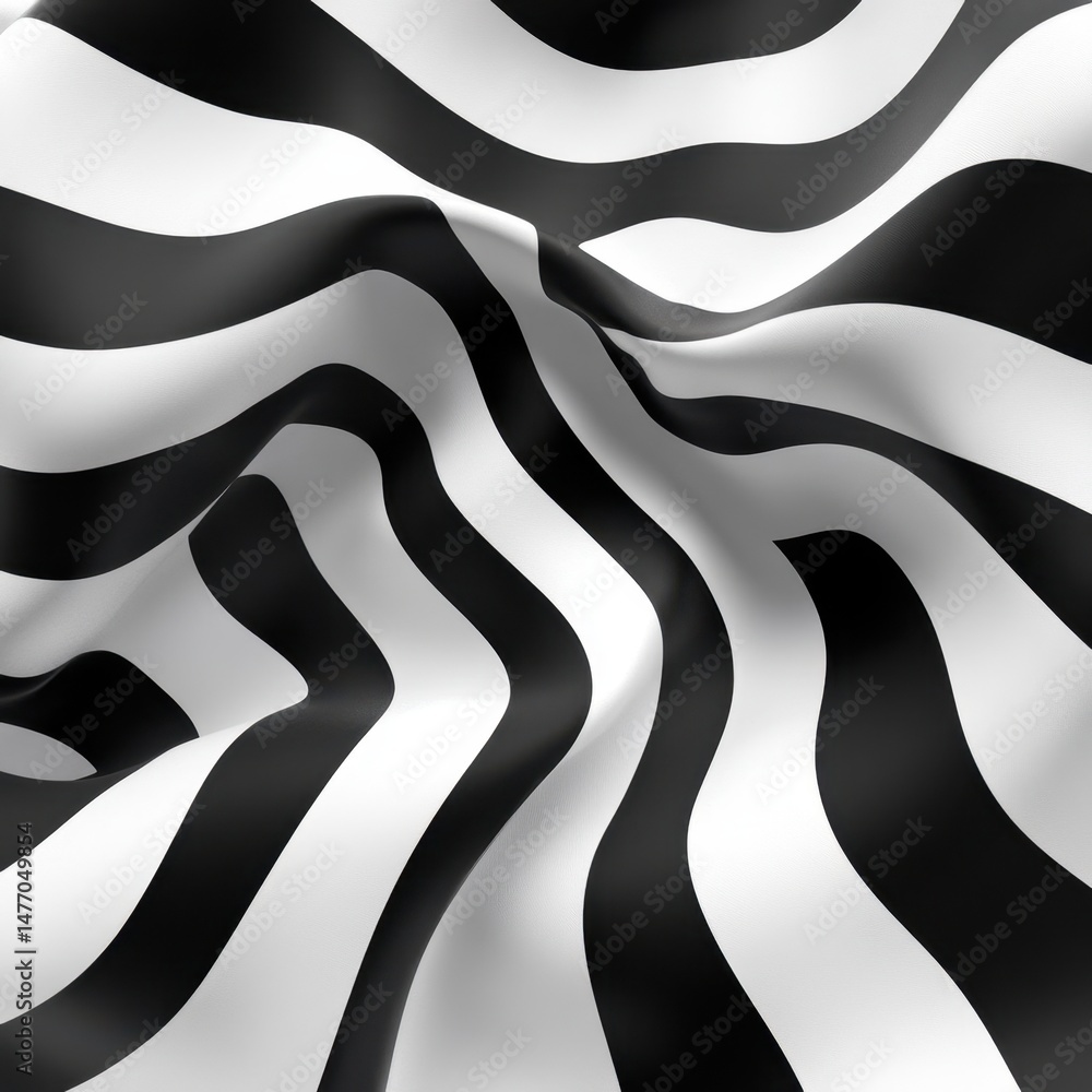Poster Abstract black and white striped fabric waves in a flowing motion creating a dynamic and modern background from a high angle perspective