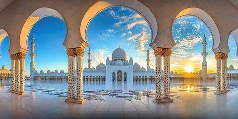 White mosque with domes, minarets, sunset, and reflective floor under archway.