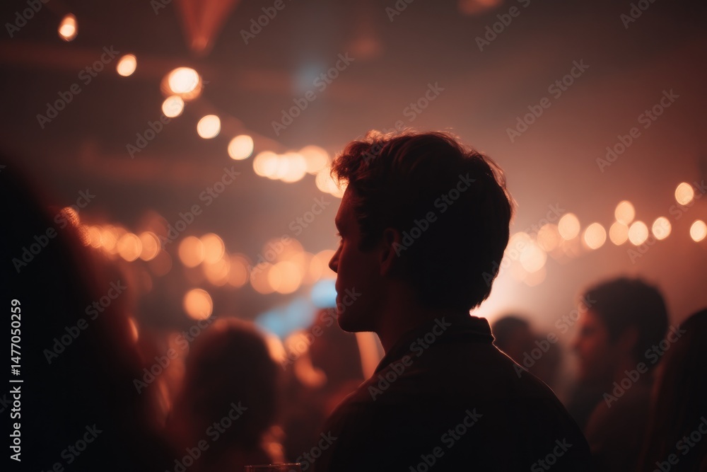 Poster lively party scene unfolds with crowded blurred background emphasizing one person in focus