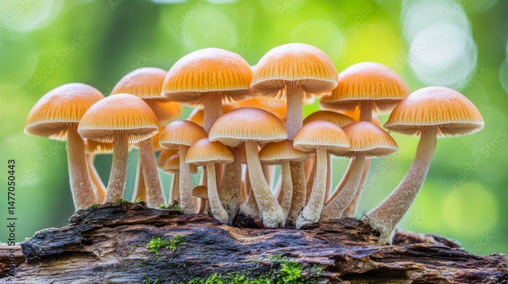 Poster a cluster of mushrooms growing on a decaying log in the forest, with soft, diffused light creating a