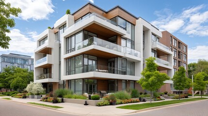 Fototapeta premium Bold residential complex with stacked cantilevered volumes on reinforced concrete cores, featuring sleek steel tiebacks and external bracing frames for dramatic architectural contrast