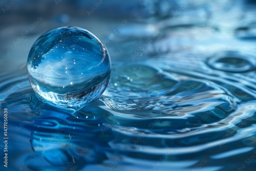 Poster glass sphere reflecting blue sky with clouds floating on rippling water surface, creating concentric