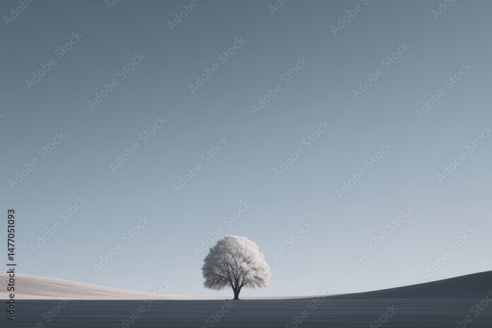 Poster lone minimalistic tree stands in vast open field under clear sky