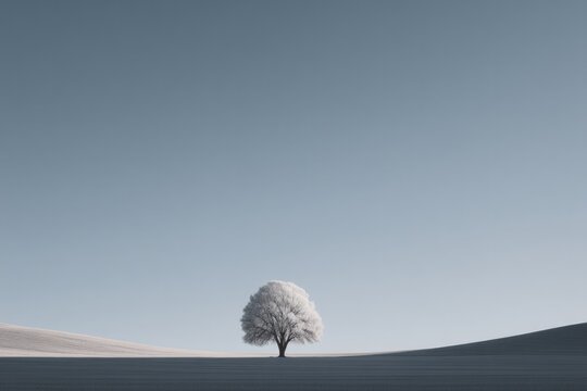 lone minimalistic tree stands in vast open field under clear sky