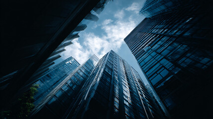 Skyscrapers piercing the sky, modern urban landscape.